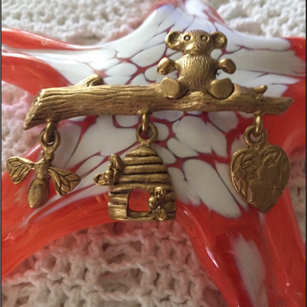 Brooch With Dangling Charms Bear, Hive, Heart, and Bee
